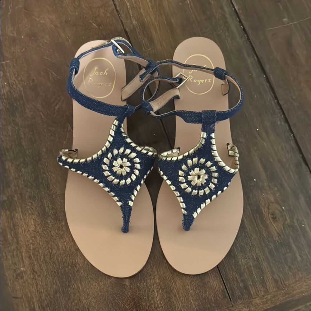 Jack Rogers Blue and Gold Sandals with Medallion Design.  Brand new - worn once